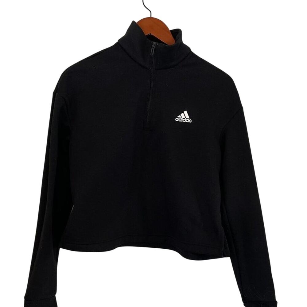 Adidas Essentials Fleece Black & White Cropped 1/4 Zip Pullover Sweatshirt, M